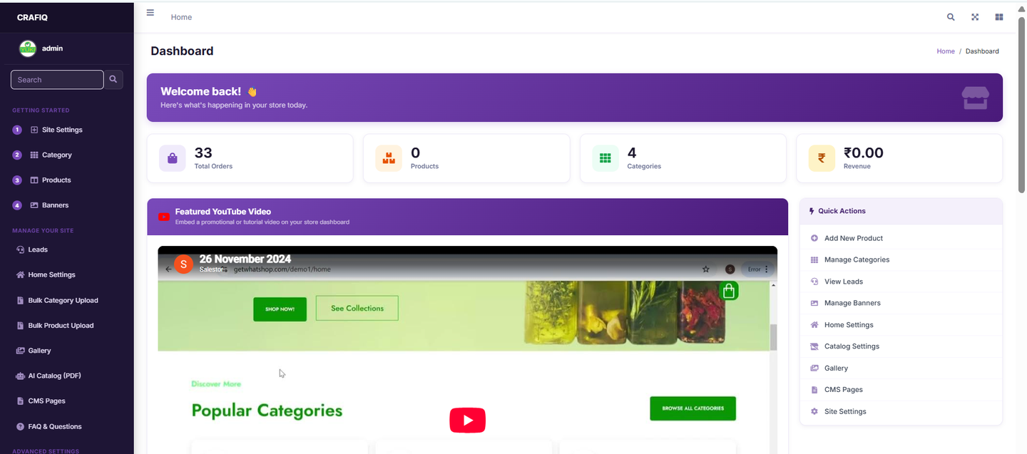QuickCatalog admin dashboard — orders, products, categories, revenue and quick actions