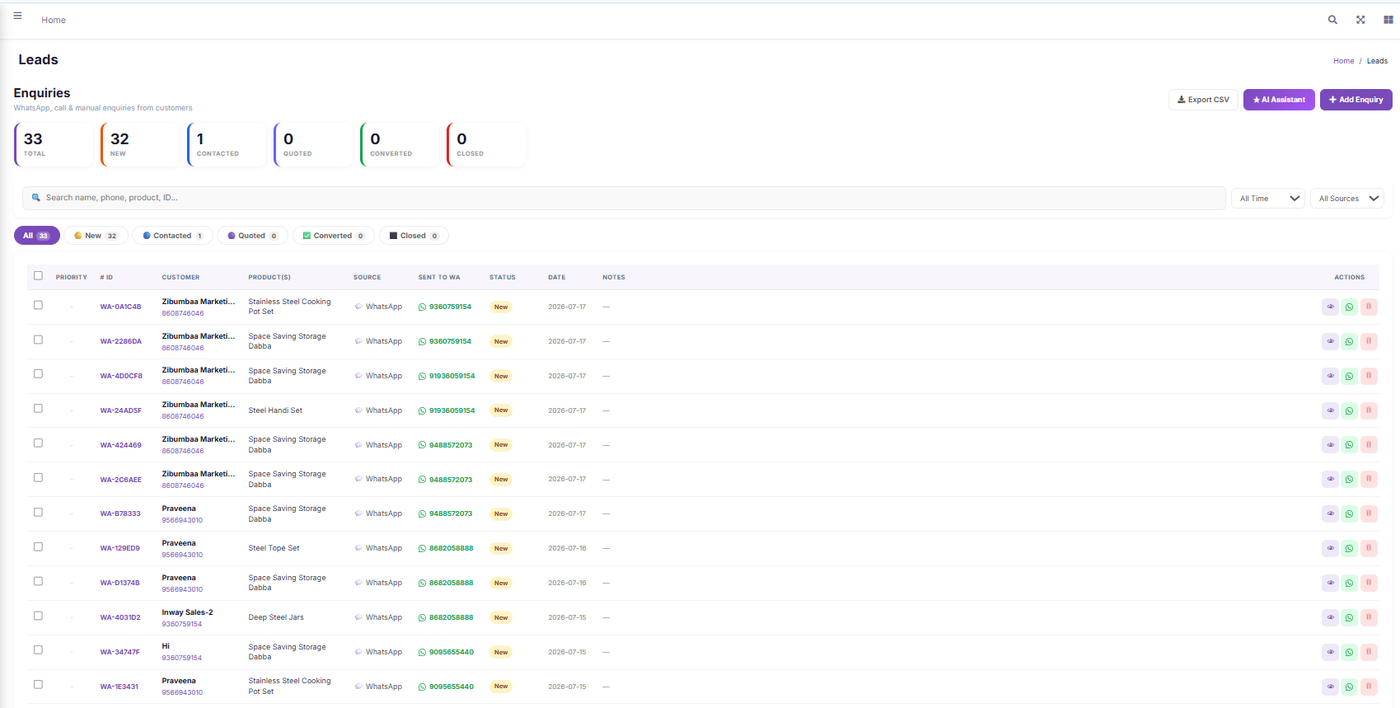QuickCatalog admin — Leads screen: WhatsApp, call and manual enquiries with status, source and date