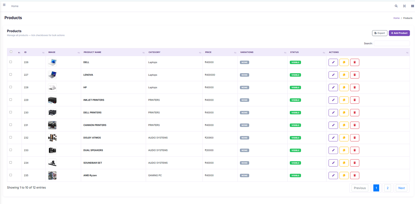 QuickCatalog admin — Products screen: product list with images, prices, categories, variations and status