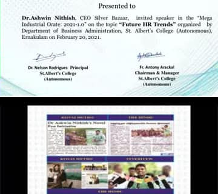 Event announcement: Certificate of appreciation at St. Albert's College (Autonomous)