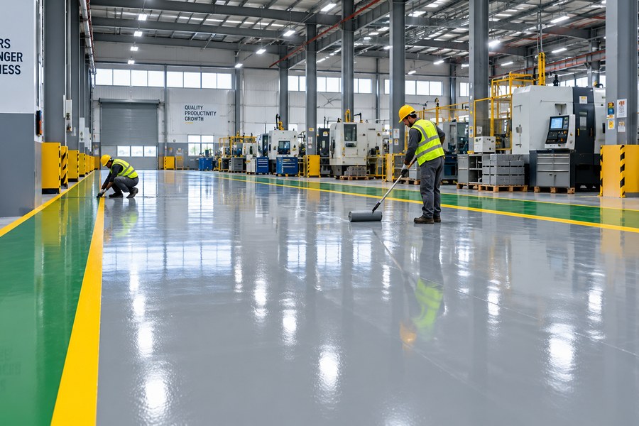 Epoxy flooring application in a large industrial manufacturing plant