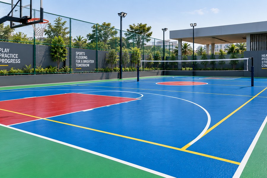 Multi-sport acrylic court with basketball and volleyball markings