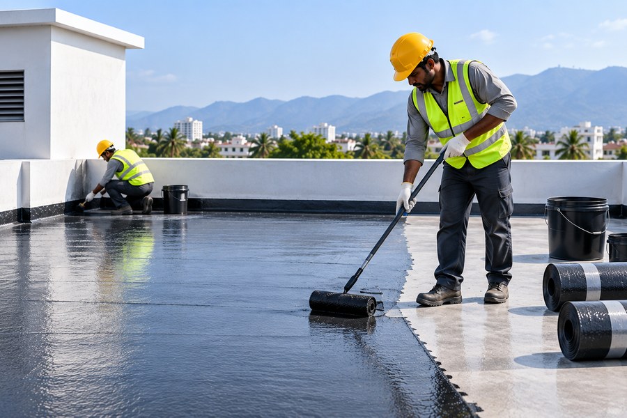 Workers applying waterproofing membrane on a rooftop terrace, Coimbatore