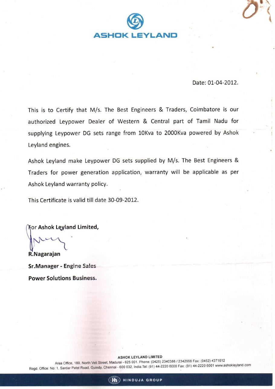 Authorised dealer certificate, 1 April 2012