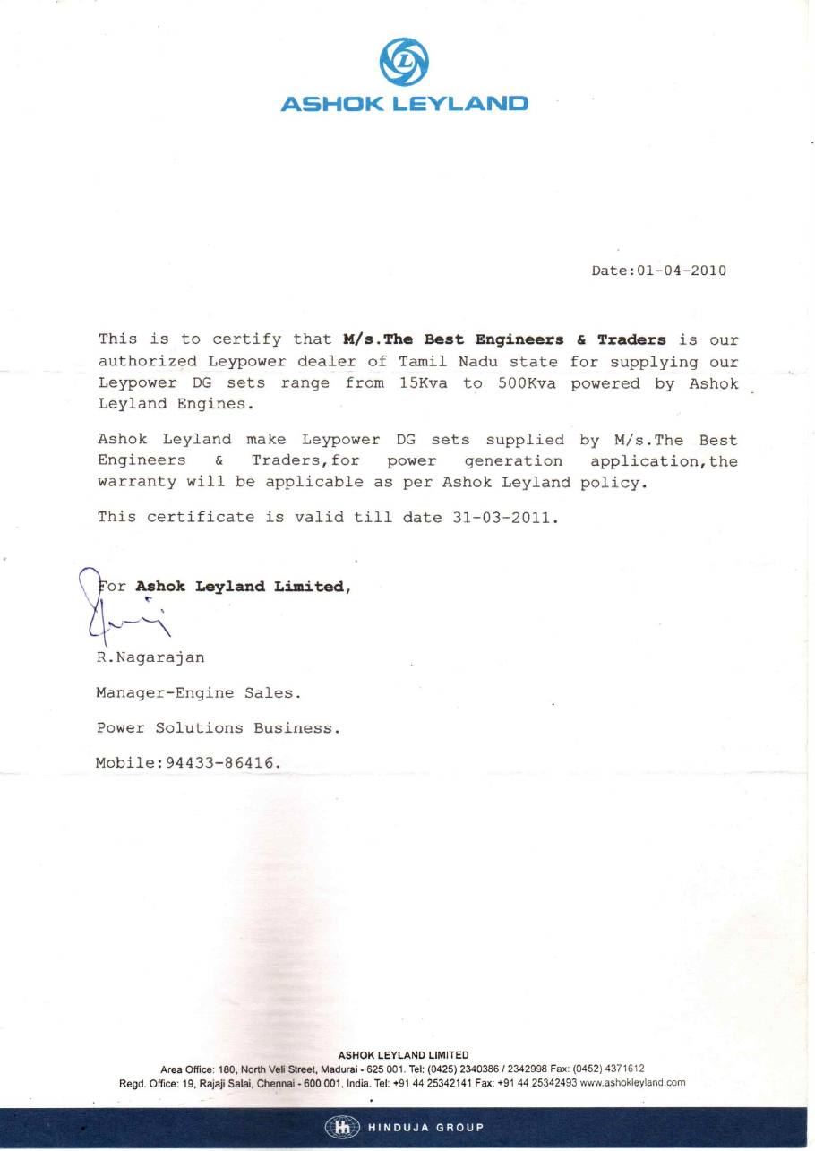 Authorised dealer certificate, 1 April 2010